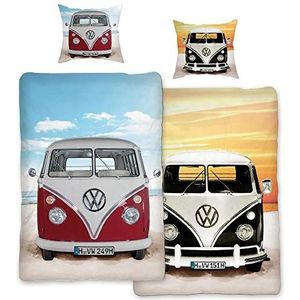 VW Volkswagen Bulli Beddengoed Beach Rood / Zwart 135 cm x 200 cm + 80 cm x 80 cm VW-Bus T1 100% katoen in renforcé-linon-kwaliteit Retro Camper Van 2 motieven, omkeerbaar beddengoed ritssluiting 089