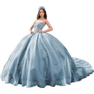 Fuomomo Quinceanera Prinsessenjurk met ruches en staart Quinceanera jurk van tule met parels schattige jurk 16 MT052, Blauw (Dusty Blue), 48/Grote Maten