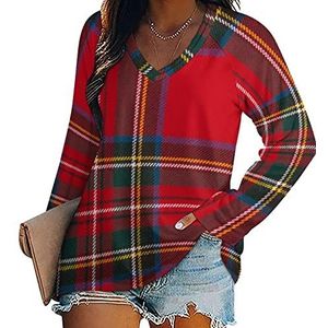 Rode Tartan Ontwerp Nieuwigheid Vrouwen Blouse Tops V-hals Tshirt Voor Legging Lange Mouw Casual Trui