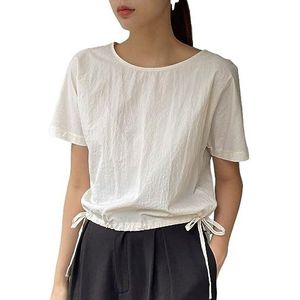dames topjes Effen blouse met trekkoord in zoom - Casual crop top met korte mouwen (Color : Khaki, Size : M)