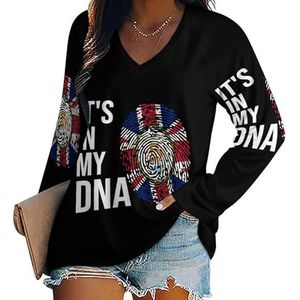 It's In My DNA Anguilla Flag vrouwen casual T-shirts met lange mouwen V-hals bedrukte grafische blouses Tee Tops 3XL