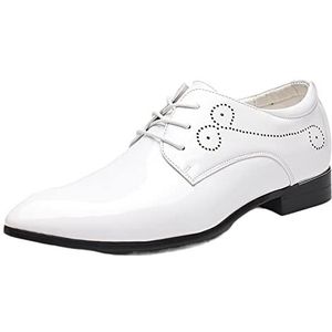 Ninepointninetynine Oxford-kledingschoenen for heren Veterschoenen met puntige neus Derby-schoenen PU-leer Antislip rubberen zool Blokhak Antislip Bruiloft(White,44.5 EU)