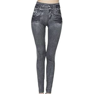 Yirepny Dames Skinny Fit Imitated Denim Jeans, Elastische Vrouwen Broek Enkellengte Polyester Comfortabele Nep Jeans Vrouwen Broek voor Thuis,, Grijs, XL