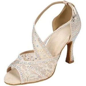 UBOHUZ Mesh Ademend Latin Dans Schoenen Hoge Hak Diamant Sandalen Indoor Zachte Bodem Jazz Tango Voor Praktijk, Beige, 41 EU