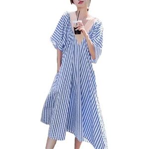Casual mode all-match losse V-hals gestreepte jurken dameskleding zomer oversized midi-jurk, Blauw, XS