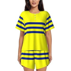 JIAWUJYNB Pyjama met gele en blauwe strepen voor dames met korte mouwen - comfortabele korte sets, nachtkleding met zakken, Zwart, M