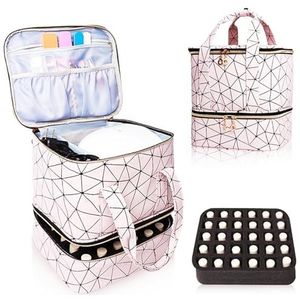 Roze grote make-uptas, BYLife nagellak organizer, houdt 30 flessen dubbellaagse reisopbergzakken waterdichte PU cosmetische tas met verstelbare verdelers voor opslag van manicure-gereedschap