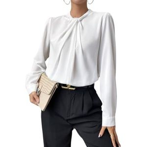 dames topjes Solide blouse met gedraaide voorkant en sleutelgat aan de achterkant - Elegante top met lange mouwen (Color : Wei�, Size : XL)