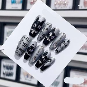 Verwijderbare en draagbare nail art Franse amandel Ombre handgemaakte pers op nagels Lange acryl valse nageltips InNail (Color : 29185, Size : L)