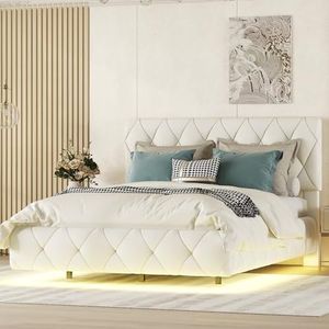 Idemon Tweepersoonsbedden, gestoffeerd bed, zweefbedden, gestoffeerde bedden met lichtstrips, beige