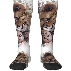 YsoLda Kousen Compressie Sokken Unisex Knie Hoge Sokken Sport Sokken 55Cm Voor Reizen, Cheetah Cub Aquarel Schilderen Art, zoals afgebeeld, 22 Plus Tall