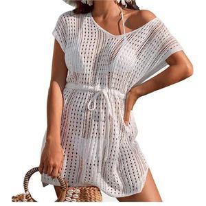 DUNSBY Gehaakte badpak cover-ups voor dames, korte mouwen, strikband, taille, strandkleding, cover-up badpak (Kleur: 3, maat: 5)