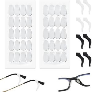 PEKLLOCY 20 paar antislip siliconen neuspads en 4 paar glazen oorhouders, universele pasvorm voor oogbrillen en zonnebrillen, eenvoudige installatie, milieuvriendelijk, perfect voor platte neus