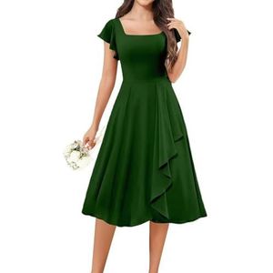 KURFACE Korte bruidsmeisjesjurken met fladdermouwen voor junioren ruches A-lijn knielengte cocktailjurk formele jurk, Emerald Groen, 32