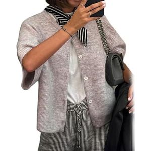 Women Knitted Crop Cardigan Shirt Short Sleeve Button Down Ribbed Knit Crop Top Y2k Girls Outwear Tops (Small,Apricot)