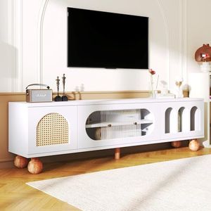Crlnaup Tv-meubel, tv-meubel met rotanachtige deur, glazen schuifdeur, drie open booggebieden, lowboard met gouden handgrepen en massieve houten poten.