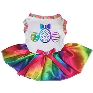 Petitebelle Regenboog Pasen Eieren Katoen Shirt Tutu Puppy Hond Jurk, X-Small, White/Rainbow