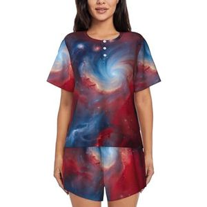 YJxoZH Rood Blauw Galaxy Print Womens Zomer Pyjama Sets Nachtkleding Dames Korte Mouw Nachtkleding Pjs Lounge Met Zakken, Zwart, XXL