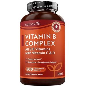 Nutravita Vitamine B-complex met vitamine C + D + biotine - 500 tabletten voor + 1 jaar voorraad, stofwisseling, psychische functie, zenuwstelsel (EFSA)