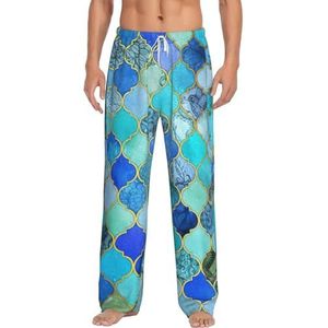 MBCbjg Turquoise patroon print heren broek pyjama broek, zachte slaapbroek met zakken, lichtgewicht loungewear pyjama voor comfortabele slaap en lounge, Wit, S