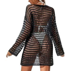 Sea Through Hollow out Bikini Cover ups Tops Vrouwen Strandkleding Lange Mouwen Strand Jurk Crop Tops Crochet Zwempak Cover-Up Badpak Dames Zee (Noir)