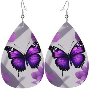 Paarse vlinder en bloem 1 druppelvormige lederen oorbellen, damesmodeaccessoires, Valentijnsdag essentieel, Eén maat, Leer Pu