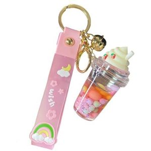 ZDHC Aardbei Ijs Cup Vloeibare Sleutelhanger Creatieve Regenboog Boon Drijfzand Acryl Sleutelhanger Schooltas Hanger voor Kid Meisjes, roze, Eén maat