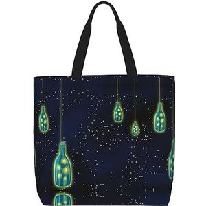 FRGMNT Blauw Beige Streep Print Tote Bag Voor Vrouwen, Casual Rits Tote Mode Schouder Handtas Hobo Tas Met Zakken, Mooie fles onder de nachtelijke hemel, Eén maat