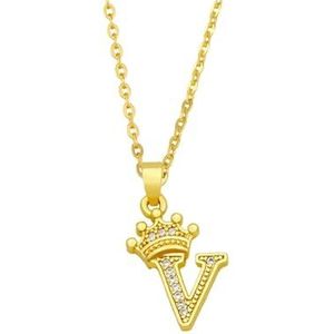 Dames vergulde kroon letter hanger kubieke zirkoon initiële ketting naam sieraden cadeau (Style : V)