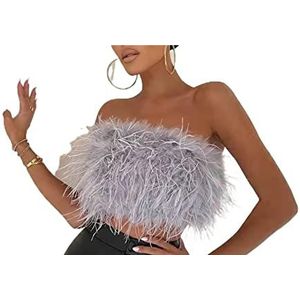 Feather Tops Voor Vrouwen Strapless Faux Fur Crop Top Mouwloos Backless Tube Top Fluffy Slim Fit Bandeau Vest Tank (Color : Grey, Size : S)