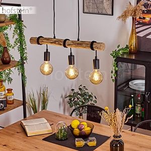 Hanglamp Toledo, moderne hanglamp van metaal/hout in zwart/naturel, verstelbare hanglamp in Scandinavisch design, stang van echt hout, hoogte max. 125 cm, 3 vlammen, E27, zonder gloeilamp