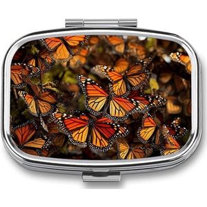 Vierkante pillendoos draagbare metalen pillenetui 2 compartimenten kleine reizen pillenorganisator schattige monarch vlinders vitamines houder organizer voor portemonnee zak