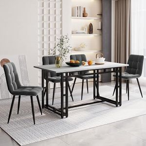 Aunvla 140 x 80 cm, zwarte eettafel met 4 stoelen, moderne keuken eettafel, donkergrijze fluwelen eetkamerstoelen, zwarte ijzeren beentafel