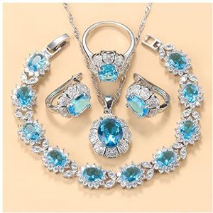 Oorbellen 925 zilveren ketting en oorbellen sieraden sets for vrouwen mode-accessoires Groen zirkoon bedelarmband en ring sets Oorbellen voor dames (Color : Sky Blue 4PCS, Size : 6)