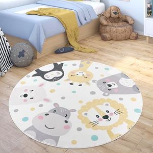Paco Home Tapijt Voor Kinderen Vloerkleed Kinderkamer Wasbaar In Wasmachine Rond Modern Dierentuin, Maat:Ø 120 cm rondje, Kleur:Beige