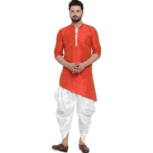 Lakkar Haveli Mannen Pakistaanse traditionele oranje shirt Kurta Trail Cut bruiloft party wear witte Dhoti Pant Set Zijde, Oranje, S