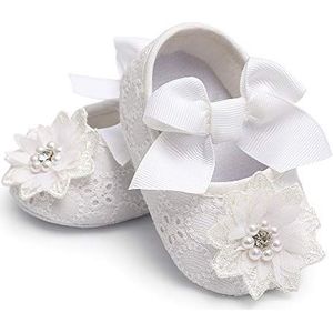 GDSDYM Mary Jane Ballerina's voor pasgeborenen met bloemenstrik, prinsessenjurk, zachte schoenen voor pasgeborenen, babybed, eerste wandelaar, prewalker, 01 Wit, 6-12 Maanden