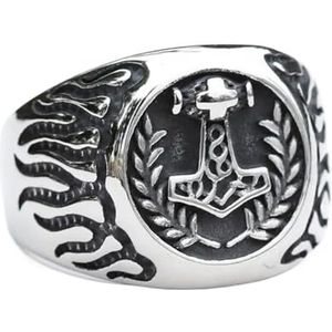 Noorse Viking Mjolnir Ring - Mannen Vrouwen RVS Odin Thor's Hammer Ring - Handgemaakte Gepolijste Zware Metalen Vintage Fashion Charm Amulet Piraat Sieraden (Color : Silver, Size : 11)
