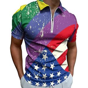 Rainbow Gay Pride LGBT met Amerikaanse Vlag Half Zip-up Poloshirts Voor Mannen Slim Fit Korte Mouw T-shirt Sneldrogende Golf Tops Tees 6XL