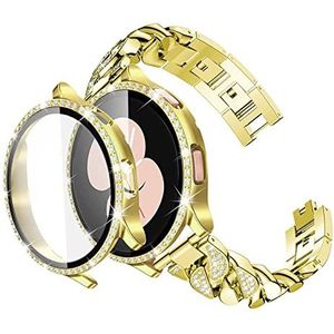 YingYou Compatibel Met Samsung Galaxy Watch 5 4 44mm 40mm Band + Case Bling Metalen Band For Galaxy Watch 4 Band Glas Screen Protector Case Cover(Gold set,Galaxy watch 5 40mm)
