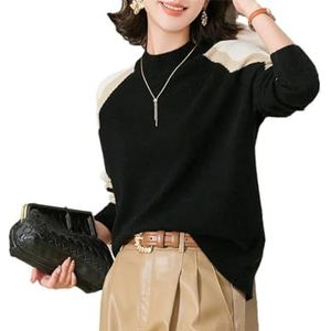 Dames wol dikke trui trui lange mouw contrast jacquard gebreide bodem basic sweater, Zwart, L