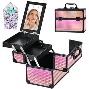 GALHUBIS Make-uptreinkoffer, draagbare make-upkoffer met spiegel, cosmetische organizer met 2 laden, organizer voor nagellak, organizer voor op reis, professioneel voor salonkapper, Zwart Helder Roze