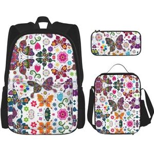 SUHNGE Abstracte Marmeren Inkt Textur Print 3 in 1 Boekentassen Sets Verstelbare Schouder Rugzak Lunch Tas Potlood Case Pouch Box, Lente Bloemen Vlinder, Eén maat