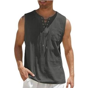 Linen Shirts Men Shirts Men'S Casual Sleeveless Vest Bandage Lace Up Blouse Retro Loose Shirt Solid Color Clothes-Gray-Xxl
