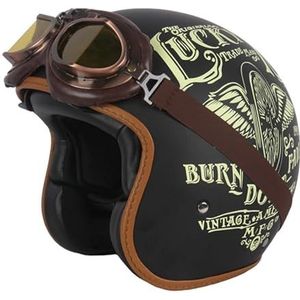 Retro Motorfiets 3/4 Halve helm Bromfiets Pilot Helm Jet Helmen Met Zonneklep Bril Vintage Scooter Open Helm Cruiser Chopper ECE/DOT Goedgekeurd (Lucky 13) (61~62cm XL)