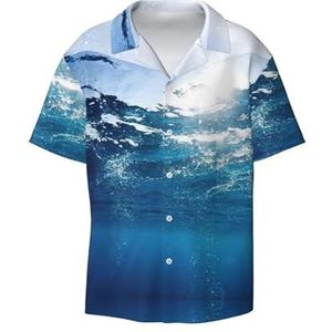 TyEdee Blauwe Oceaanprint Heren Korte Mouw Overhemden met Zak Casual Button Down Shirts Business Shirt, Zwart, XL