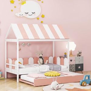 Idemon Kinderbed 90x190cm met uittrekbed, huisbed voor jongens en meisjes met dak en rugleuning, massief houten bed met lattenbodem (roze+wit)