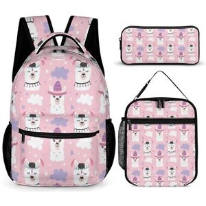 Leuke Cartoon Llama Alpaca Print Rugzak Set Reizen Laptop Rugzak Met Lunch Tas En Potlood Tas