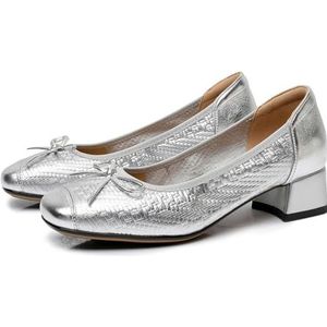 Sekiueo Damesschoenen Met Dikke Lage Hakken Vierkante Neus En Instappers Werkschoenen,Zilver,34 EU