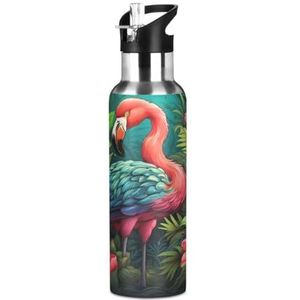 Daisy Flower Flamingo Vogel Sport Water Fles met Stro Thermos Roestvrij Staal Dubbelwandige Geïsoleerde Vacuüm Cup 600ML Thee
